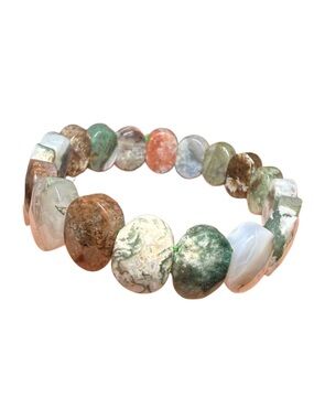 Moss Agate Chunky Bangle Bracelet Natural Stone Stretch